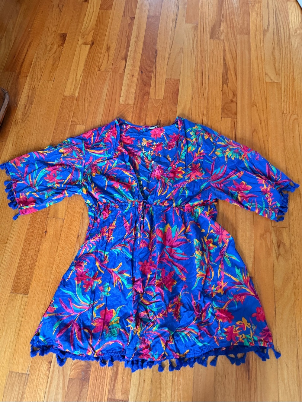 J. Crew Blue Tropical Floral Tie-Waist Tunic Dress